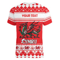 Personalized Wales Christmas Dragon Women V-Neck T-Shirt Nadolig Llawen Red Version - Wonder Print Shop