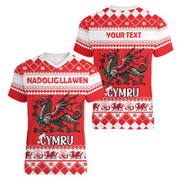 Personalized Wales Christmas Dragon Women V-Neck T-Shirt Nadolig Llawen Red Version - Wonder Print Shop
