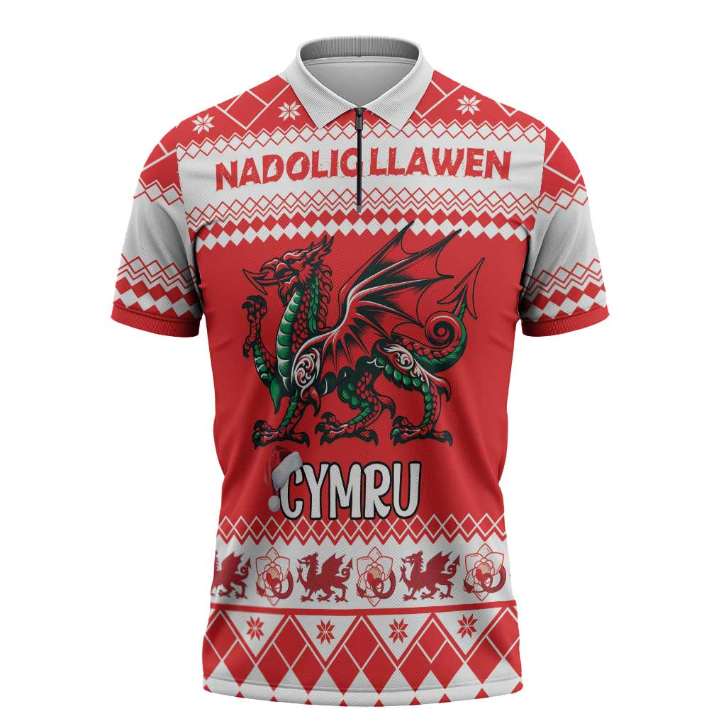 Personalized Wales Christmas Dragon Zipper Polo Shirt Nadolig Llawen Red Version - Wonder Print Shop