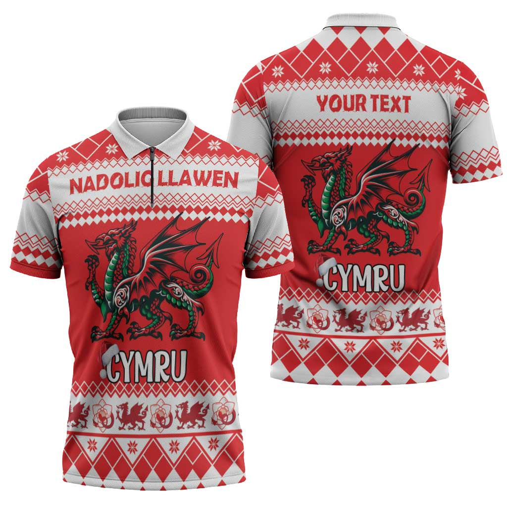 Personalized Wales Christmas Dragon Zipper Polo Shirt Nadolig Llawen Red Version - Wonder Print Shop