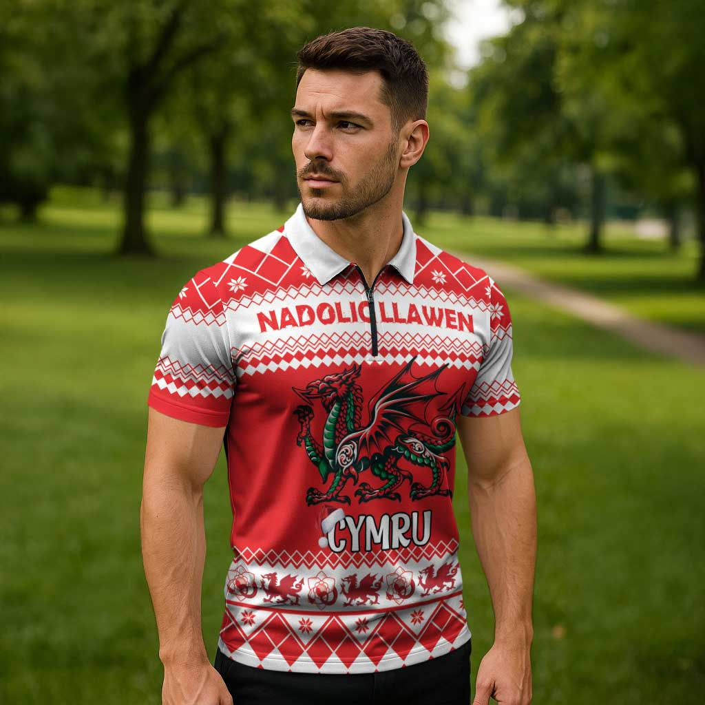 Personalized Wales Christmas Dragon Zipper Polo Shirt Nadolig Llawen Red Version - Wonder Print Shop