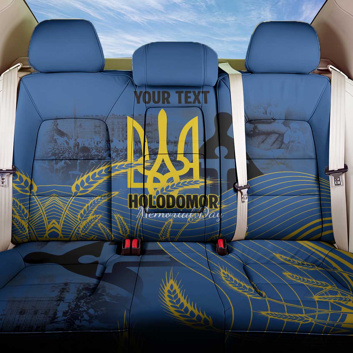 Personalized Holodomor Memorial Day Back Car Seat Cover Ukrainian Trident And Wheat Remembrance - Wonder Print Shop