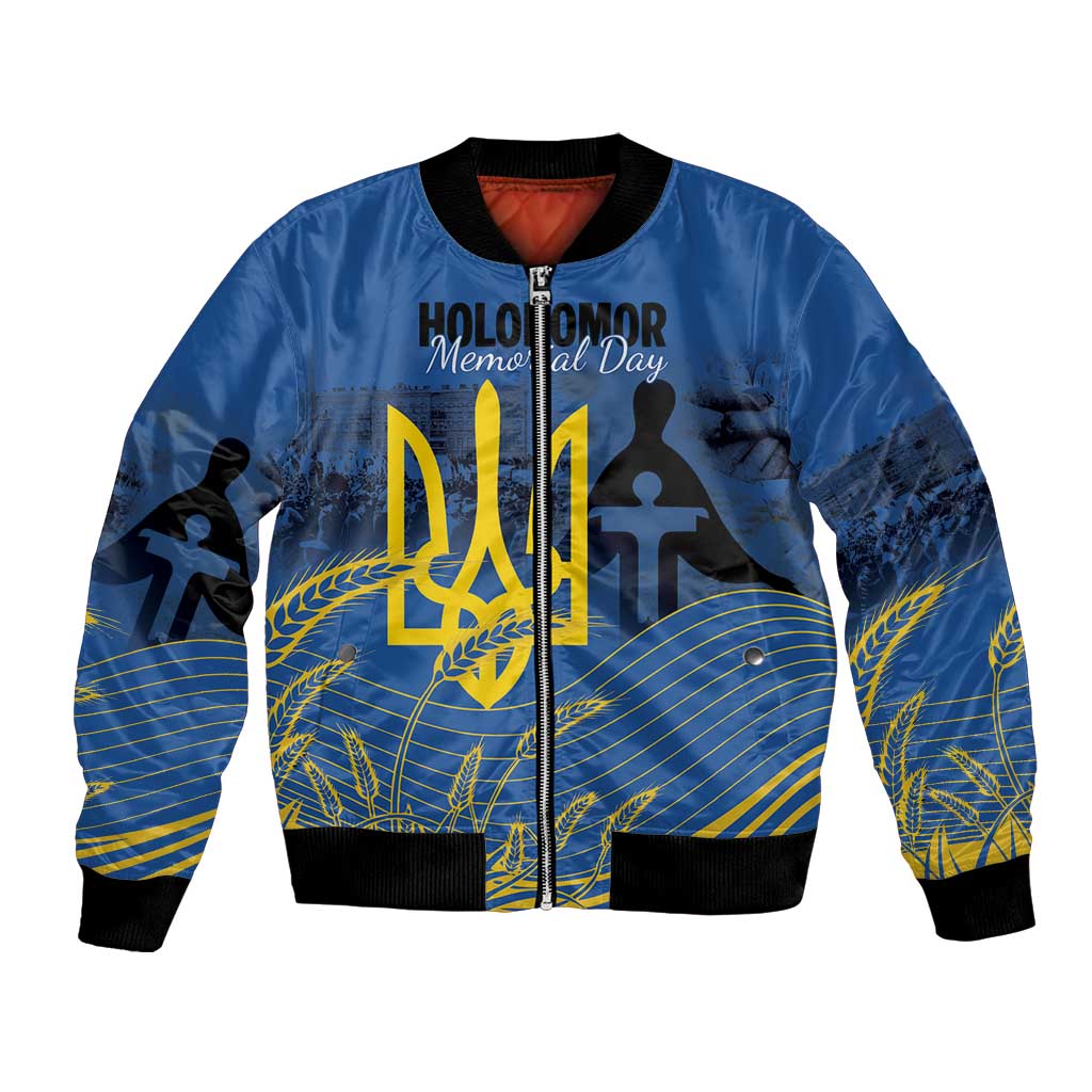 Personalized Holodomor Memorial Day Bomber Jacket Ukrainian Trident And Wheat Remembrance - Wonder Print Shop