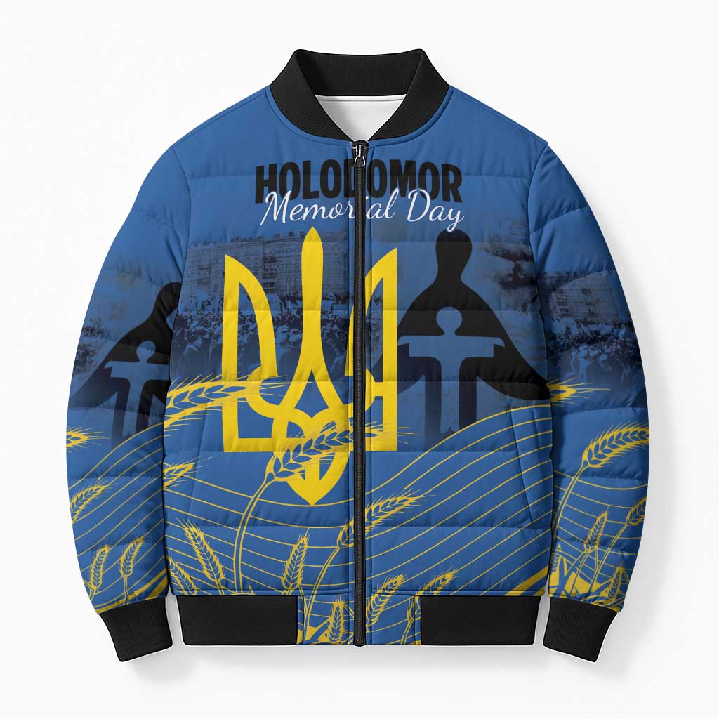 Personalized Holodomor Memorial Day Bomber Puffer Jacket Ukrainian Trident And Wheat Remembrance - Wonder Print Shop