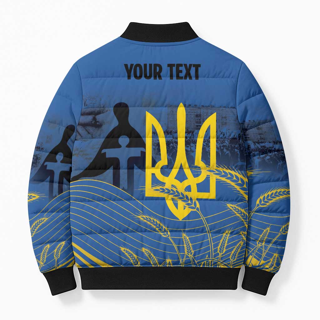 Personalized Holodomor Memorial Day Bomber Puffer Jacket Ukrainian Trident And Wheat Remembrance - Wonder Print Shop