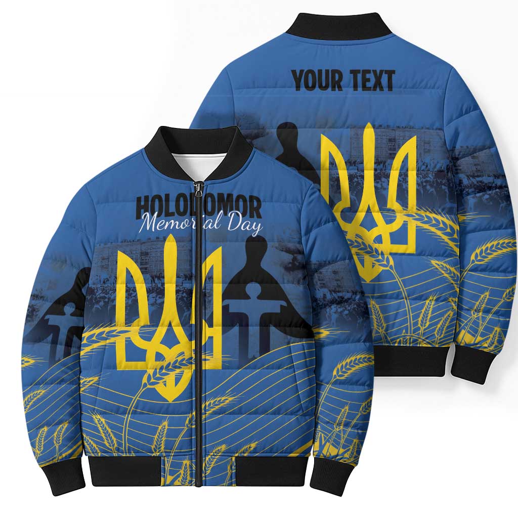 Personalized Holodomor Memorial Day Bomber Puffer Jacket Ukrainian Trident And Wheat Remembrance - Wonder Print Shop