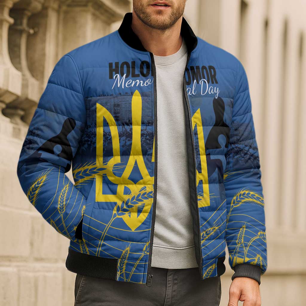 Personalized Holodomor Memorial Day Bomber Puffer Jacket Ukrainian Trident And Wheat Remembrance - Wonder Print Shop