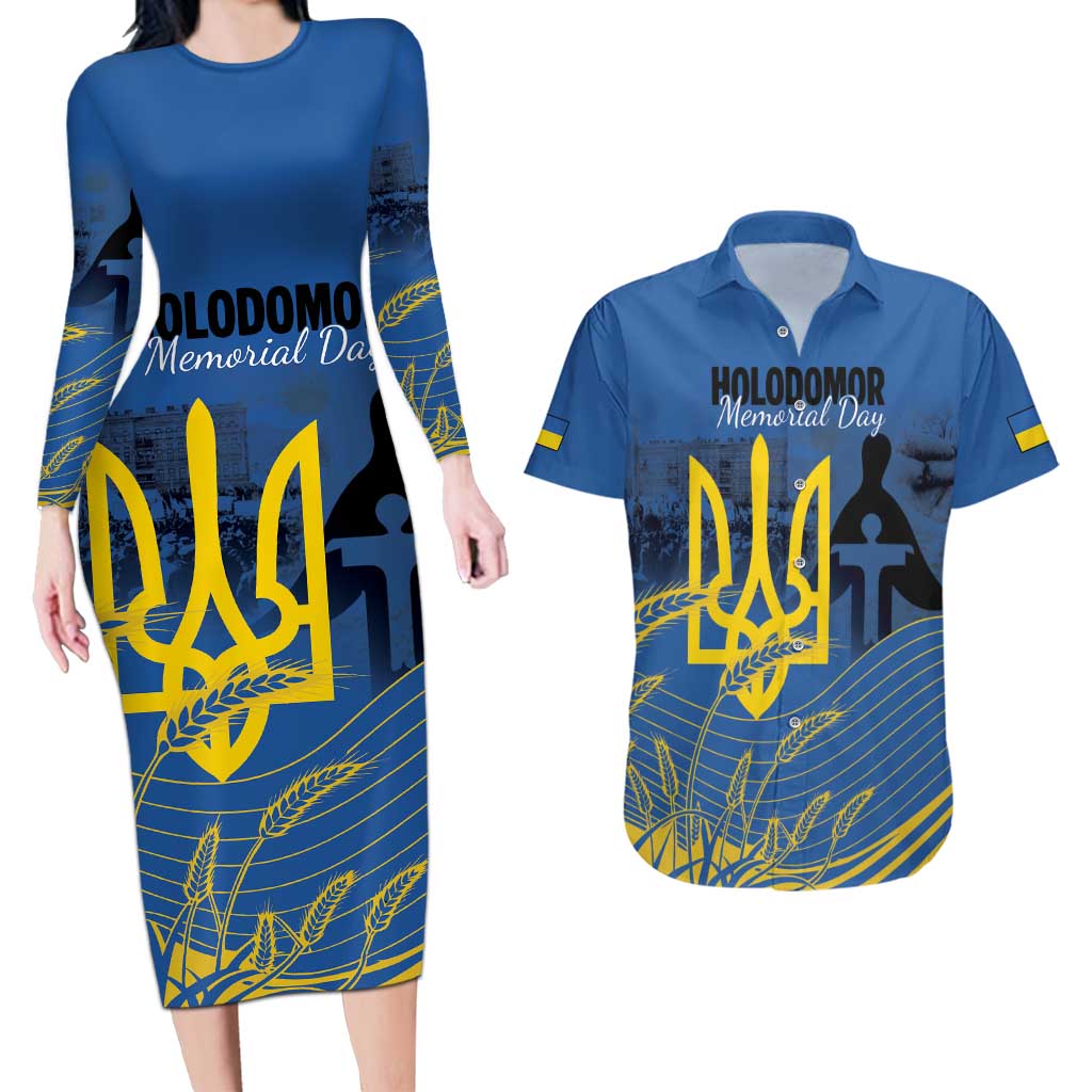 Personalized Holodomor Memorial Day Couples Matching Long Sleeve Bodycon Dress and Hawaiian Shirt Ukrainian Trident And Wheat Remembrance - Wonder Print Shop