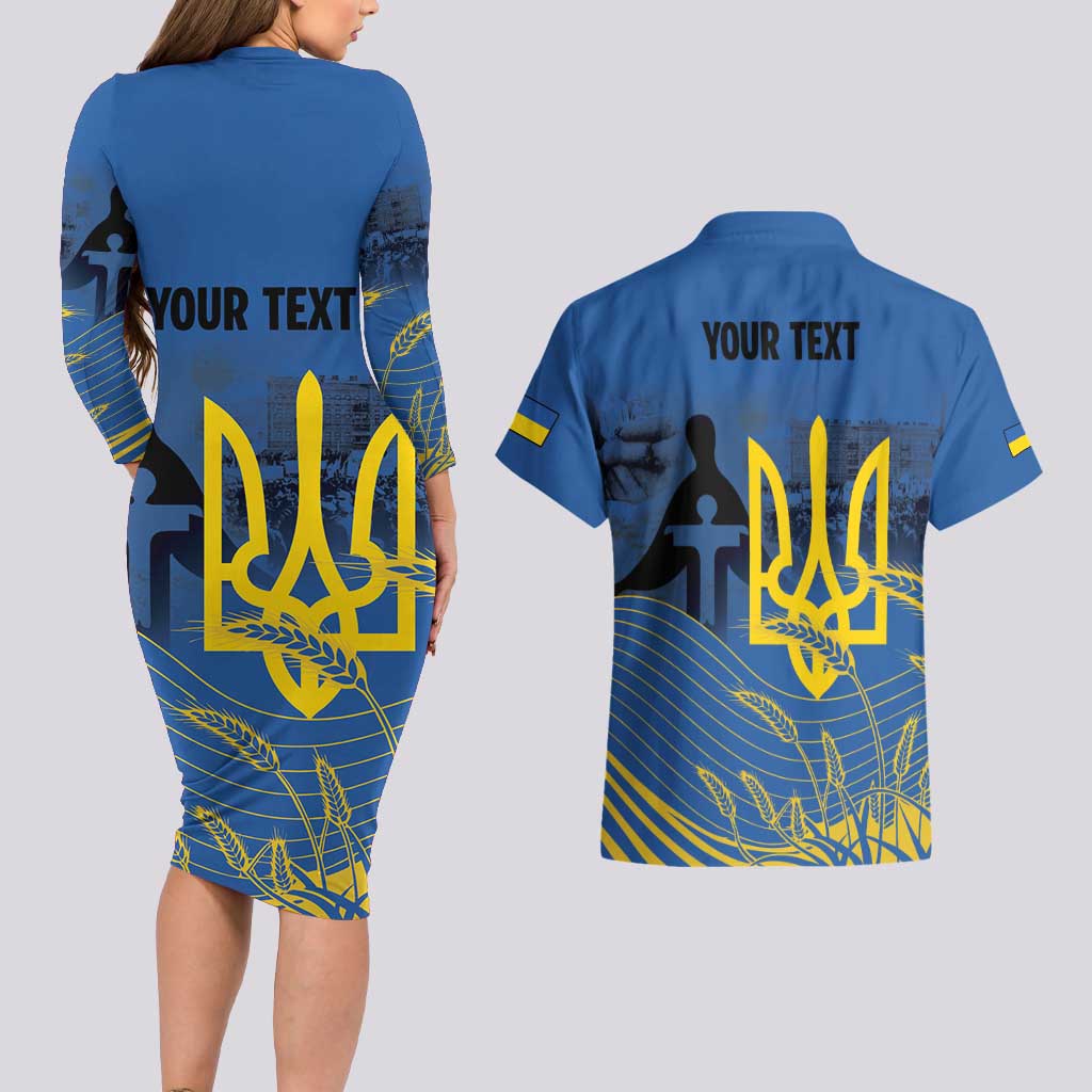 Personalized Holodomor Memorial Day Couples Matching Long Sleeve Bodycon Dress and Hawaiian Shirt Ukrainian Trident And Wheat Remembrance - Wonder Print Shop