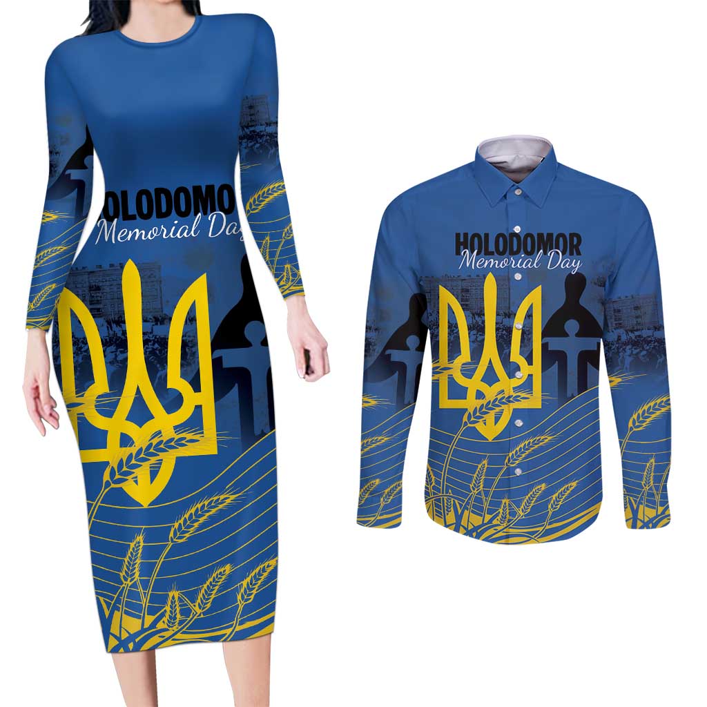 Personalized Holodomor Memorial Day Couples Matching Long Sleeve Bodycon Dress and Long Sleeve Button Shirt Ukrainian Trident And Wheat Remembrance - Wonder Print Shop