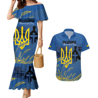 Personalized Holodomor Memorial Day Couples Matching Mermaid Dress and Hawaiian Shirt Ukrainian Trident And Wheat Remembrance - Wonder Print Shop