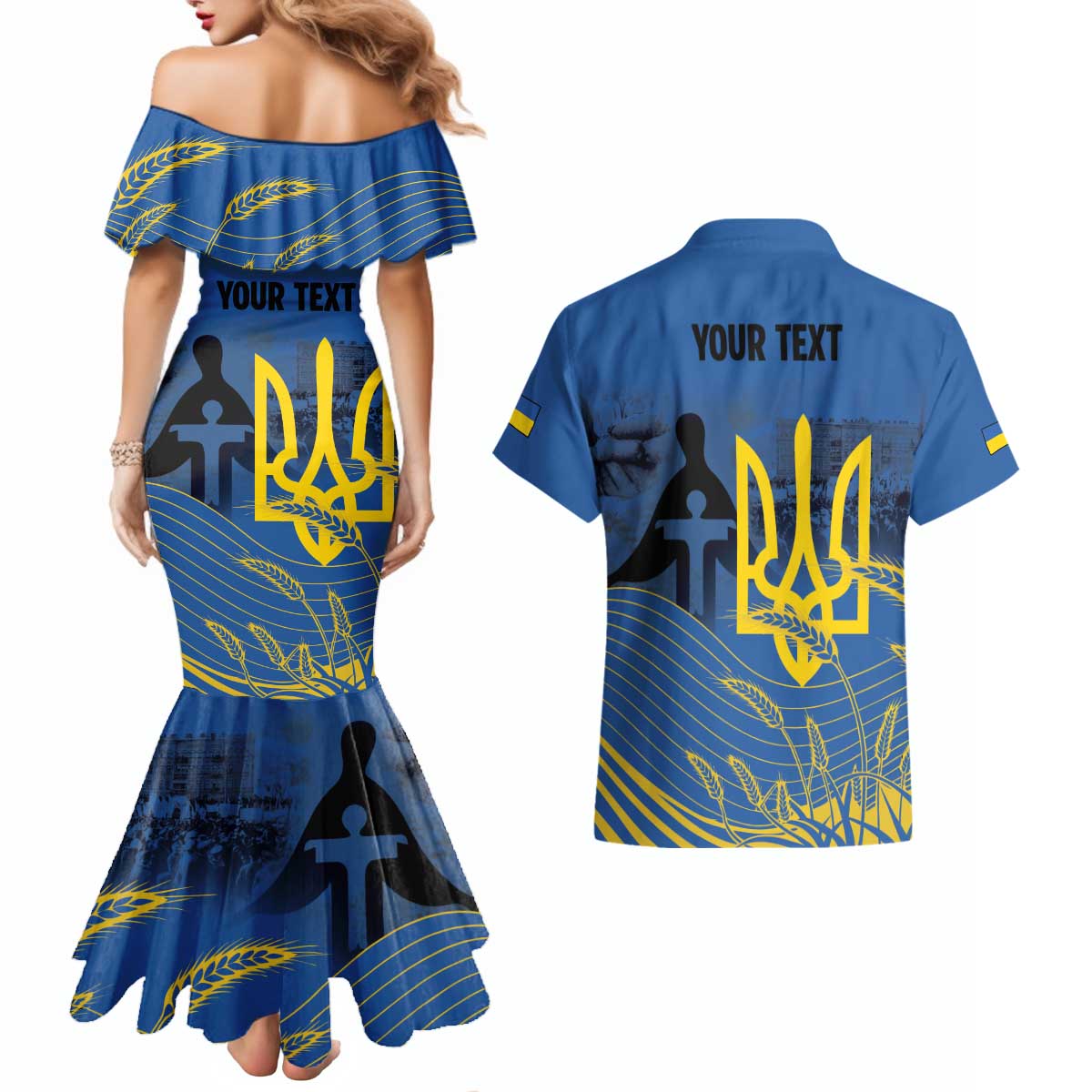 Personalized Holodomor Memorial Day Couples Matching Mermaid Dress and Hawaiian Shirt Ukrainian Trident And Wheat Remembrance - Wonder Print Shop