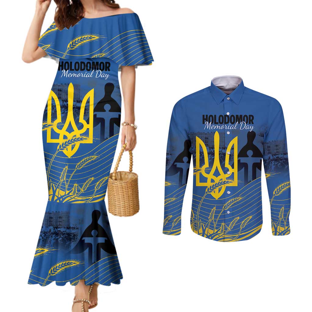 Personalized Holodomor Memorial Day Couples Matching Mermaid Dress and Long Sleeve Button Shirt Ukrainian Trident And Wheat Remembrance - Wonder Print Shop