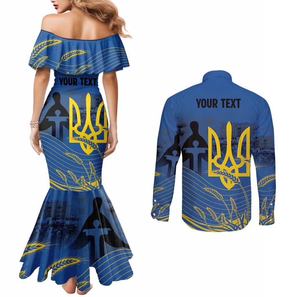 Personalized Holodomor Memorial Day Couples Matching Mermaid Dress and Long Sleeve Button Shirt Ukrainian Trident And Wheat Remembrance - Wonder Print Shop