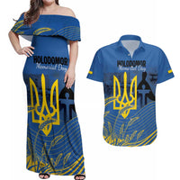 Personalized Holodomor Memorial Day Couples Matching Off Shoulder Maxi Dress and Hawaiian Shirt Ukrainian Trident And Wheat Remembrance - Wonder Print Shop