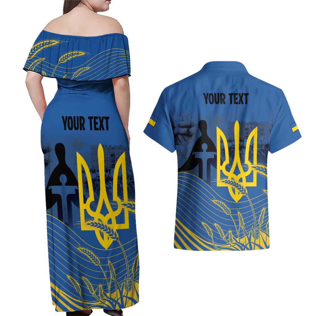 Personalized Holodomor Memorial Day Couples Matching Off Shoulder Maxi Dress and Hawaiian Shirt Ukrainian Trident And Wheat Remembrance - Wonder Print Shop
