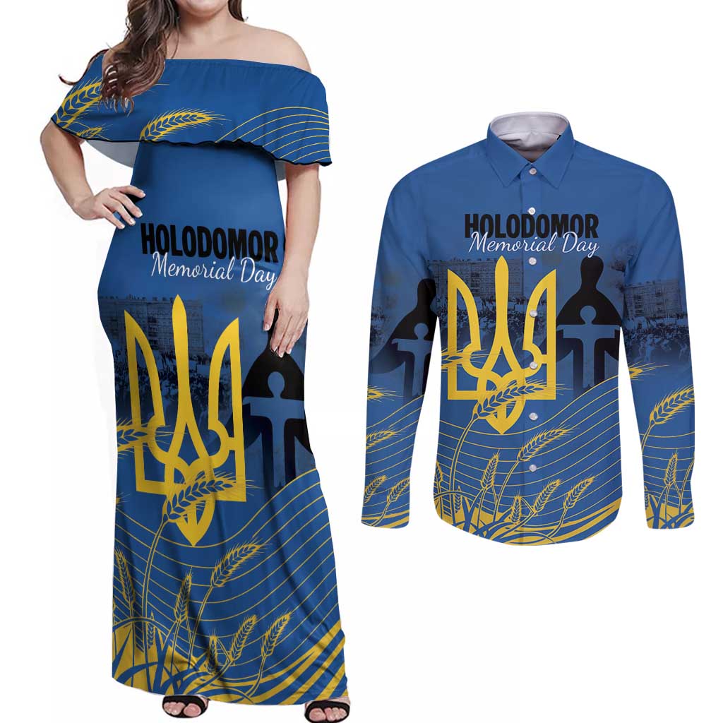Personalized Holodomor Memorial Day Couples Matching Off Shoulder Maxi Dress and Long Sleeve Button Shirt Ukrainian Trident And Wheat Remembrance - Wonder Print Shop