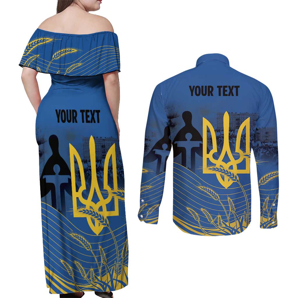 Personalized Holodomor Memorial Day Couples Matching Off Shoulder Maxi Dress and Long Sleeve Button Shirt Ukrainian Trident And Wheat Remembrance - Wonder Print Shop