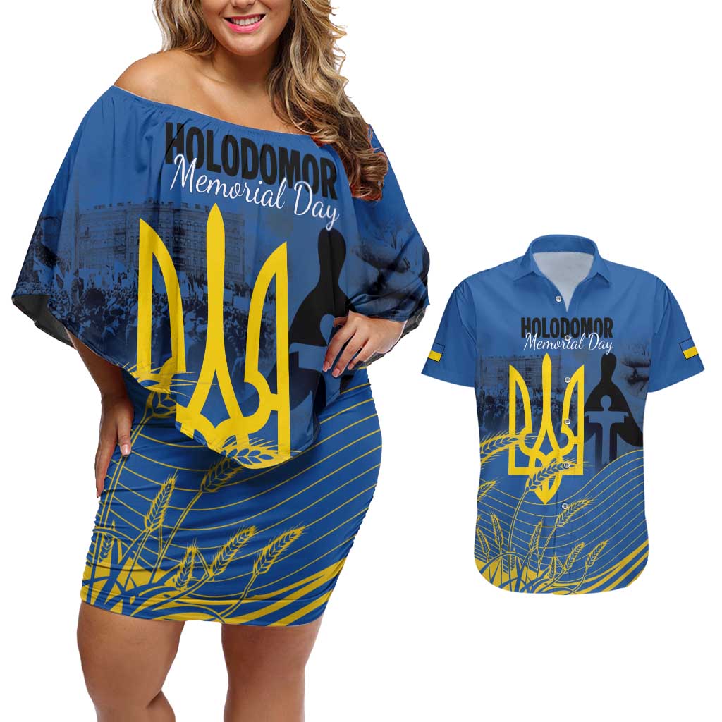 Personalized Holodomor Memorial Day Couples Matching Off Shoulder Short Dress and Hawaiian Shirt Ukrainian Trident And Wheat Remembrance - Wonder Print Shop