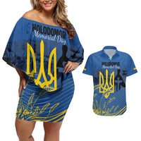 Personalized Holodomor Memorial Day Couples Matching Off Shoulder Short Dress and Hawaiian Shirt Ukrainian Trident And Wheat Remembrance - Wonder Print Shop