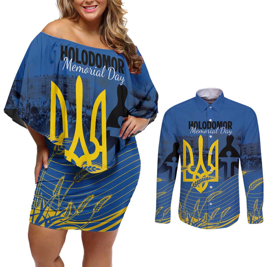 Personalized Holodomor Memorial Day Couples Matching Off Shoulder Short Dress and Long Sleeve Button Shirt Ukrainian Trident And Wheat Remembrance - Wonder Print Shop