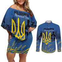 Personalized Holodomor Memorial Day Couples Matching Off Shoulder Short Dress and Long Sleeve Button Shirt Ukrainian Trident And Wheat Remembrance - Wonder Print Shop