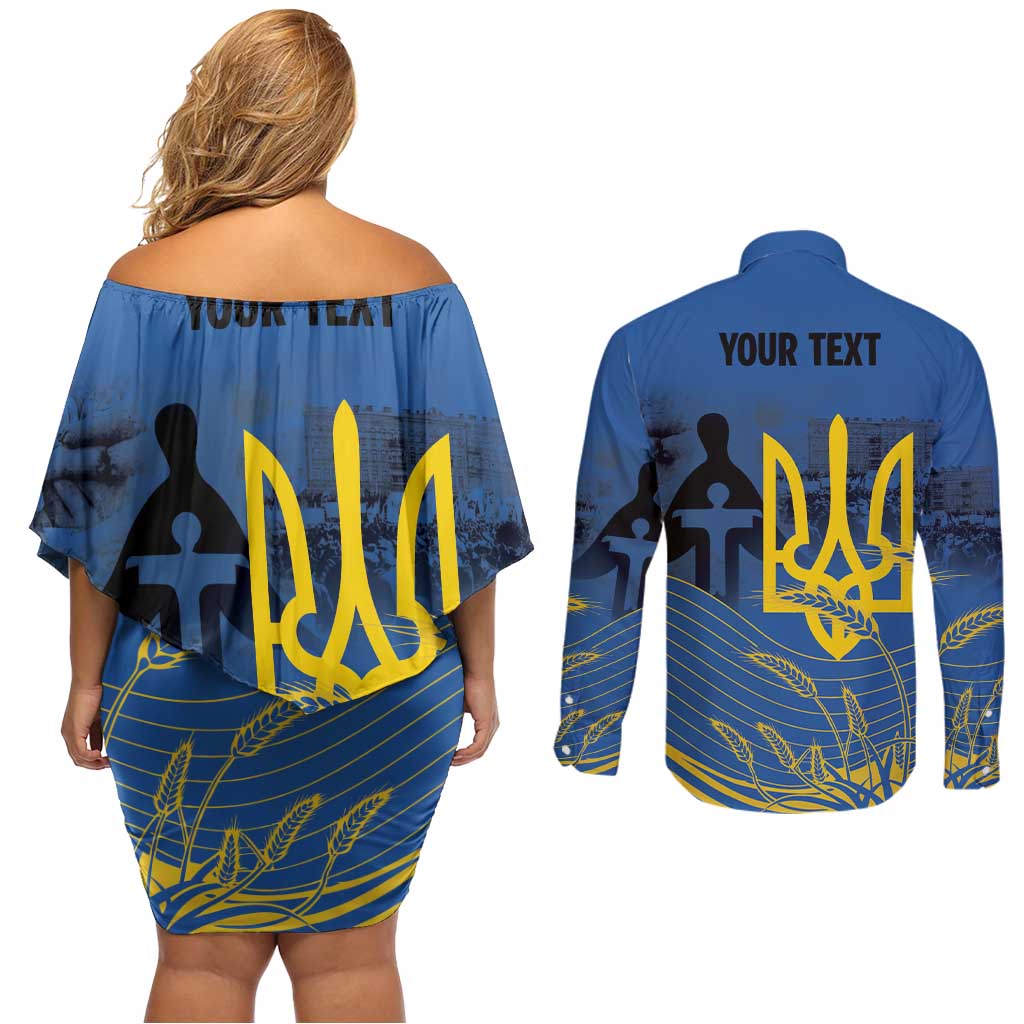 Personalized Holodomor Memorial Day Couples Matching Off Shoulder Short Dress and Long Sleeve Button Shirt Ukrainian Trident And Wheat Remembrance - Wonder Print Shop