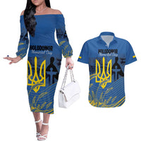 Personalized Holodomor Memorial Day Couples Matching Off The Shoulder Long Sleeve Dress and Hawaiian Shirt Ukrainian Trident And Wheat Remembrance - Wonder Print Shop