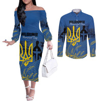 Personalized Holodomor Memorial Day Couples Matching Off The Shoulder Long Sleeve Dress and Long Sleeve Button Shirt Ukrainian Trident And Wheat Remembrance - Wonder Print Shop