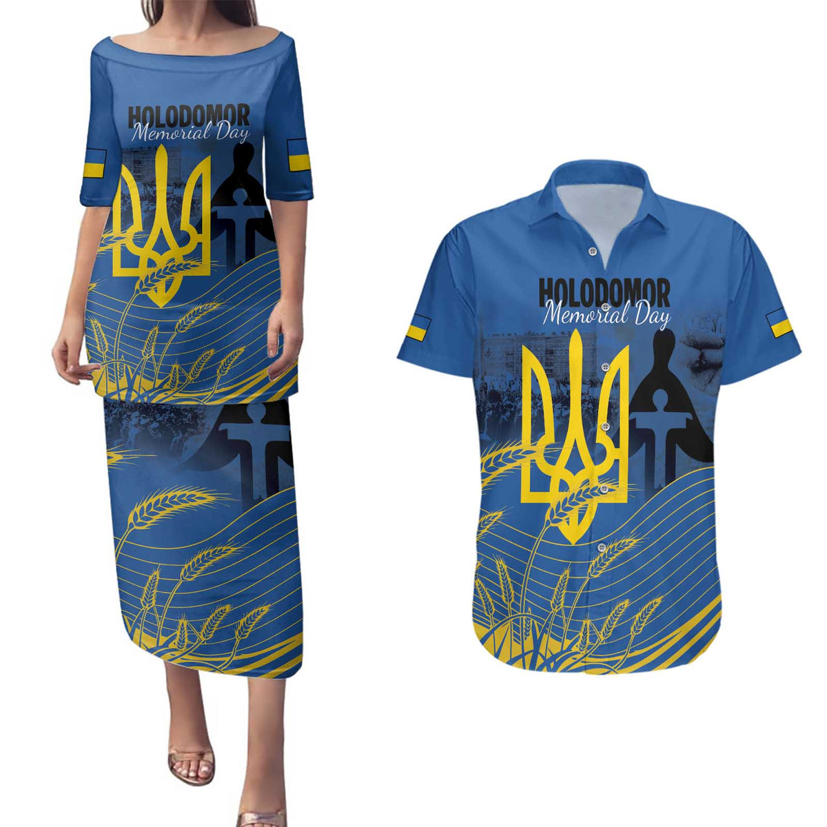 Personalized Holodomor Memorial Day Couples Matching Puletasi and Hawaiian Shirt Ukrainian Trident And Wheat Remembrance - Wonder Print Shop