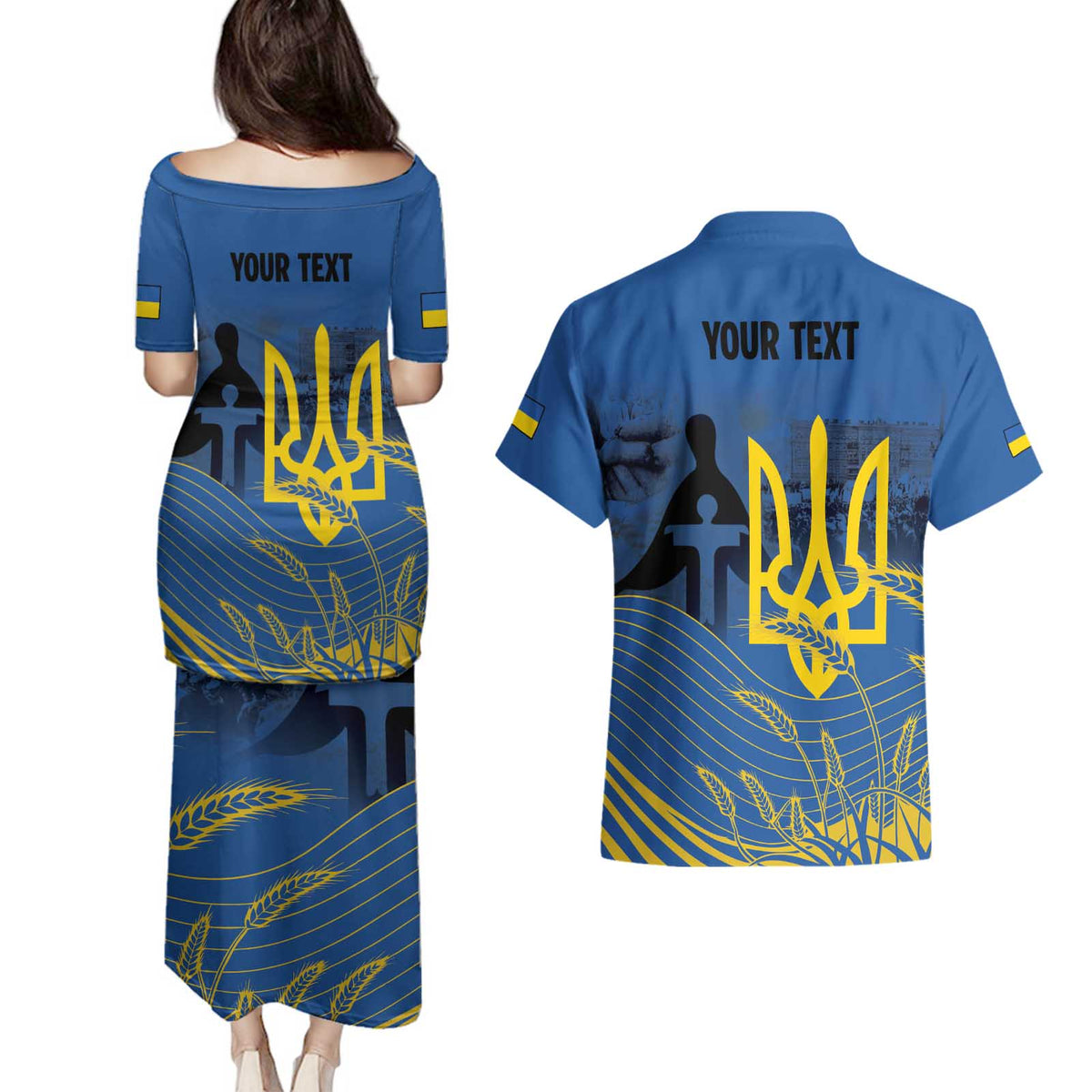 Personalized Holodomor Memorial Day Couples Matching Puletasi and Hawaiian Shirt Ukrainian Trident And Wheat Remembrance - Wonder Print Shop