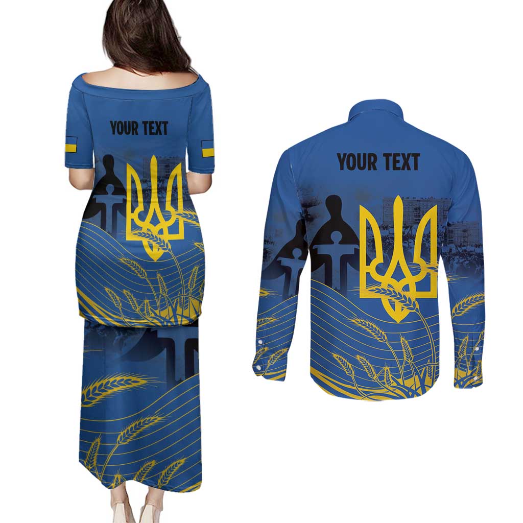 Personalized Holodomor Memorial Day Couples Matching Puletasi and Long Sleeve Button Shirt Ukrainian Trident And Wheat Remembrance - Wonder Print Shop