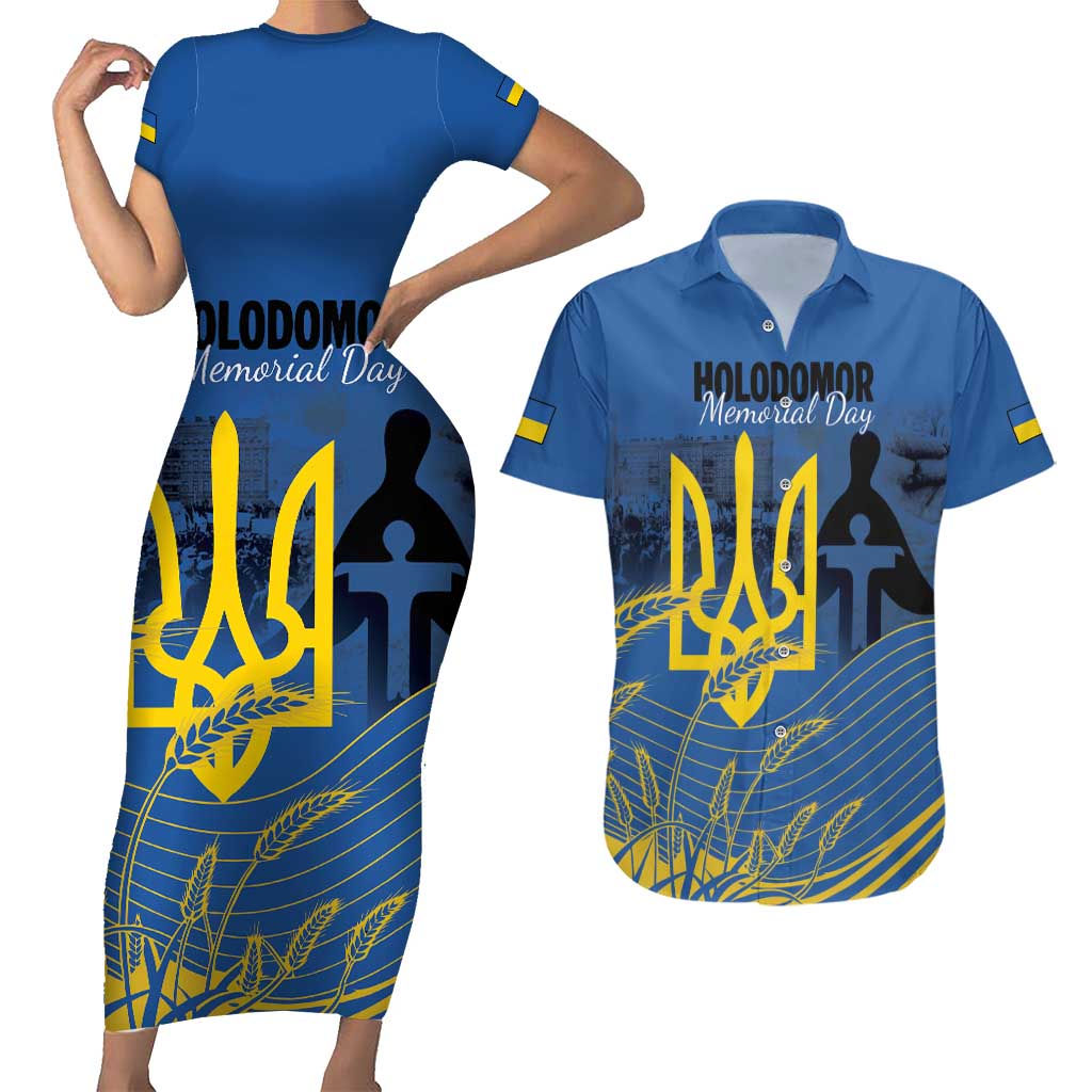 Personalized Holodomor Memorial Day Couples Matching Short Sleeve Bodycon Dress and Hawaiian Shirt Ukrainian Trident And Wheat Remembrance - Wonder Print Shop