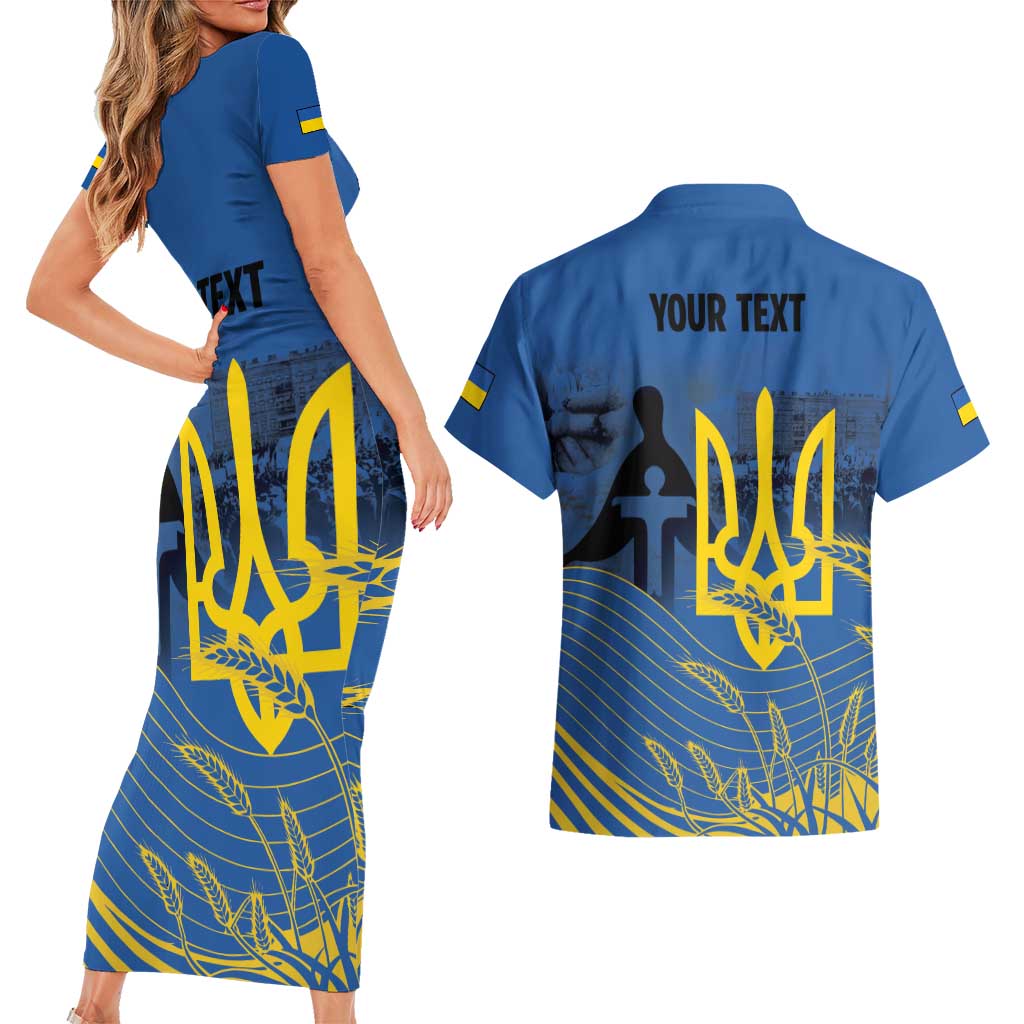 Personalized Holodomor Memorial Day Couples Matching Short Sleeve Bodycon Dress and Hawaiian Shirt Ukrainian Trident And Wheat Remembrance - Wonder Print Shop