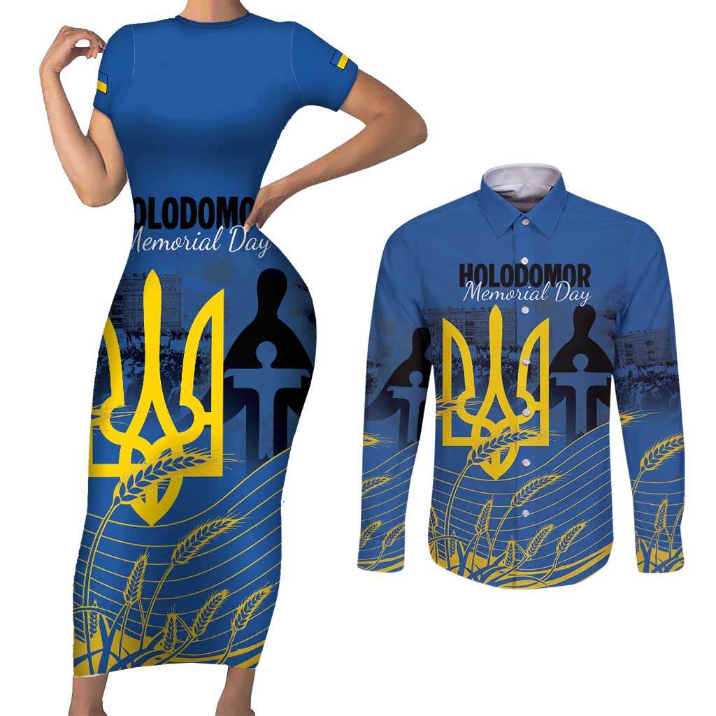 Personalized Holodomor Memorial Day Couples Matching Short Sleeve Bodycon Dress and Long Sleeve Button Shirt Ukrainian Trident And Wheat Remembrance - Wonder Print Shop