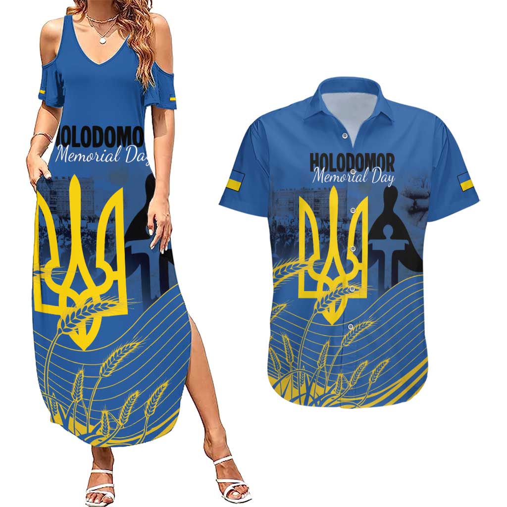 Personalized Holodomor Memorial Day Couples Matching Summer Maxi Dress and Hawaiian Shirt Ukrainian Trident And Wheat Remembrance - Wonder Print Shop