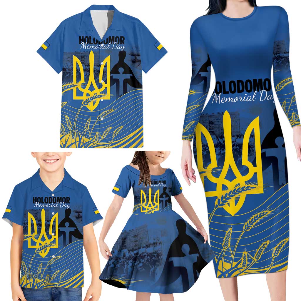 Personalized Holodomor Memorial Day Family Matching Long Sleeve Bodycon Dress and Hawaiian Shirt Ukrainian Trident And Wheat Remembrance - Wonder Print Shop