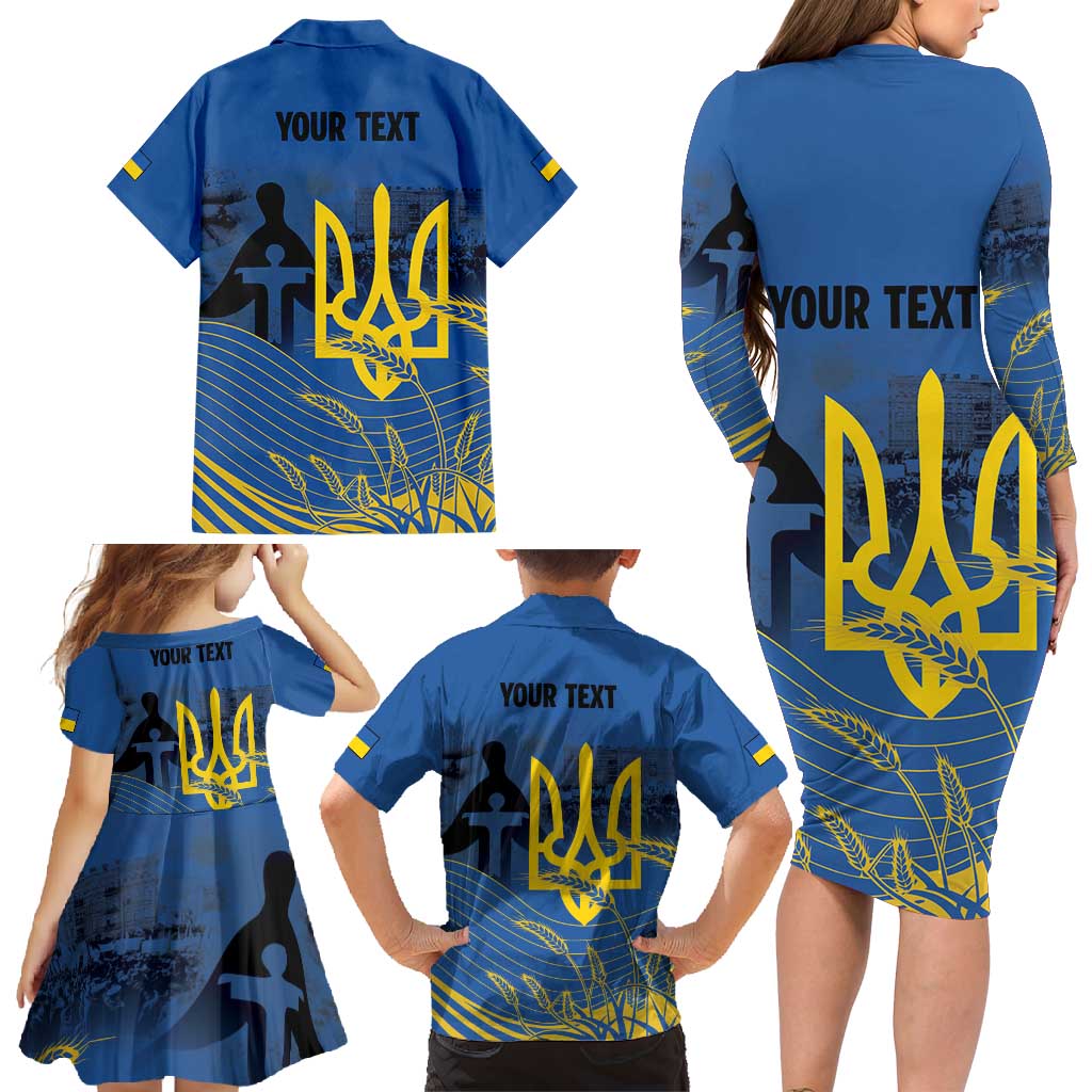 Personalized Holodomor Memorial Day Family Matching Long Sleeve Bodycon Dress and Hawaiian Shirt Ukrainian Trident And Wheat Remembrance - Wonder Print Shop