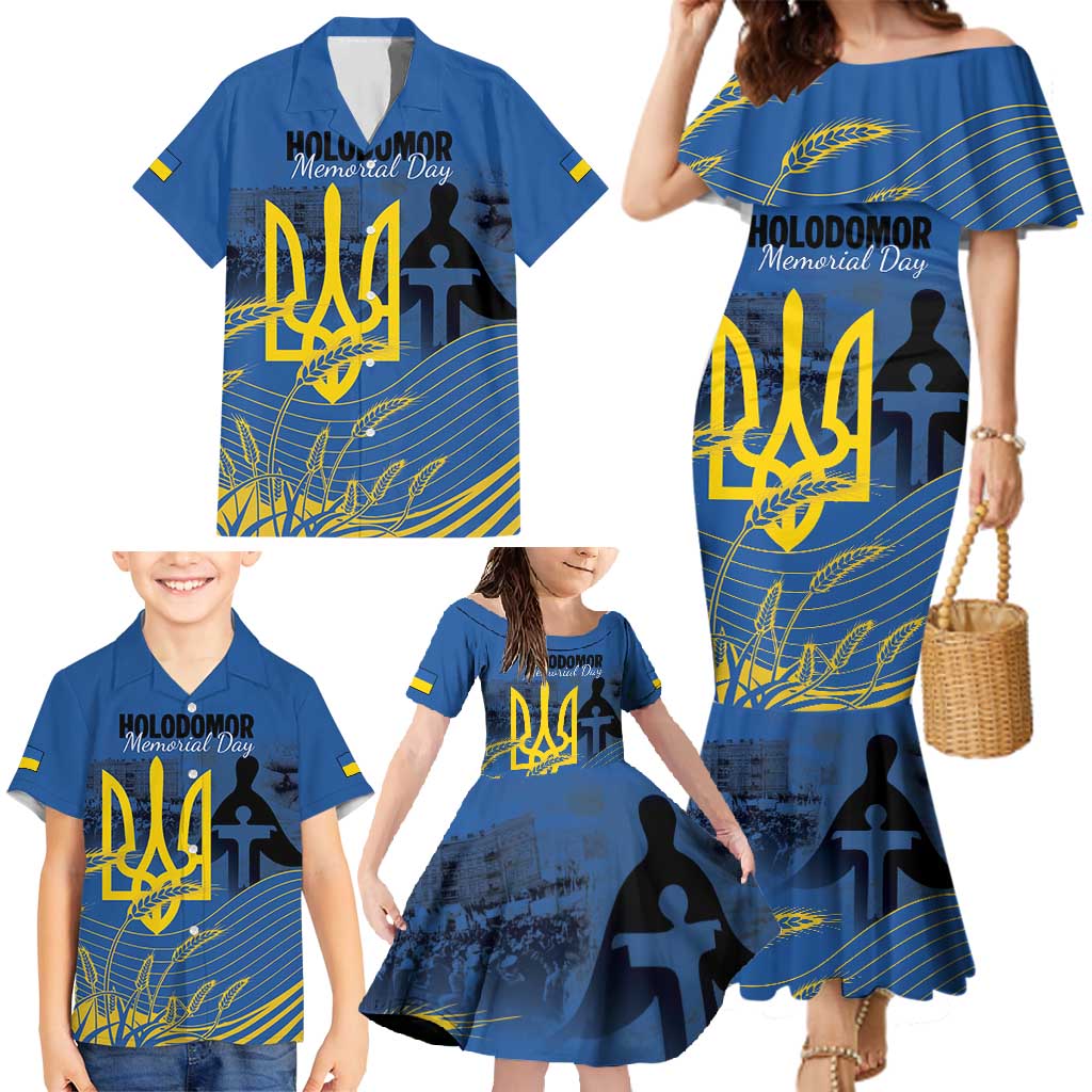 Personalized Holodomor Memorial Day Family Matching Mermaid Dress and Hawaiian Shirt Ukrainian Trident And Wheat Remembrance - Wonder Print Shop