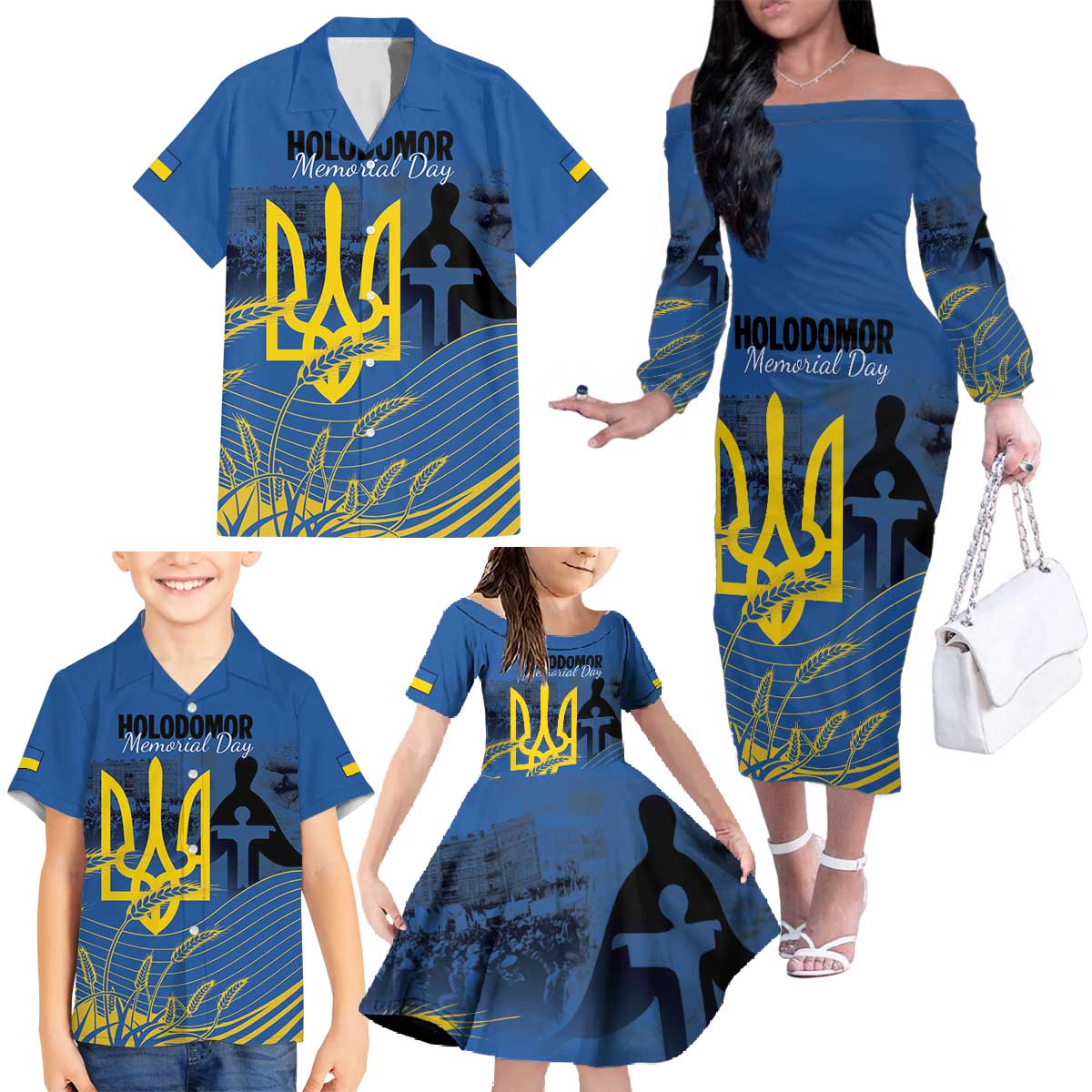 Personalized Holodomor Memorial Day Family Matching Off The Shoulder Long Sleeve Dress and Hawaiian Shirt Ukrainian Trident And Wheat Remembrance - Wonder Print Shop