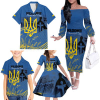 Personalized Holodomor Memorial Day Family Matching Off The Shoulder Long Sleeve Dress and Hawaiian Shirt Ukrainian Trident And Wheat Remembrance - Wonder Print Shop