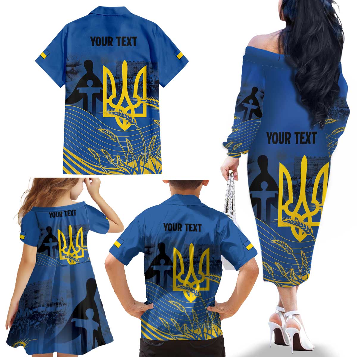 Personalized Holodomor Memorial Day Family Matching Off The Shoulder Long Sleeve Dress and Hawaiian Shirt Ukrainian Trident And Wheat Remembrance - Wonder Print Shop