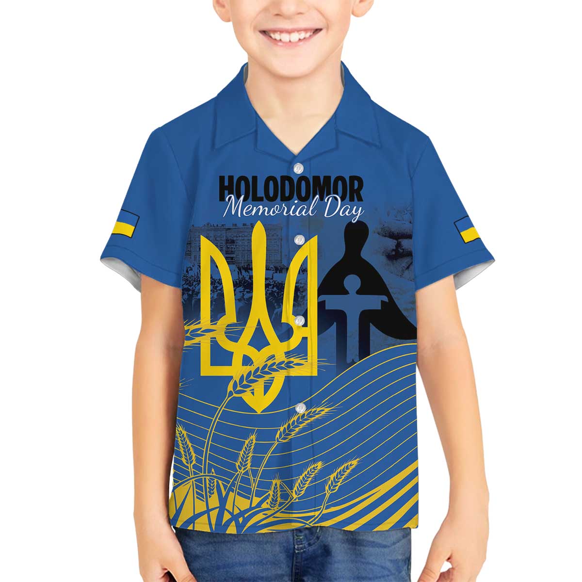 Personalized Holodomor Memorial Day Family Matching Off The Shoulder Long Sleeve Dress and Hawaiian Shirt Ukrainian Trident And Wheat Remembrance - Wonder Print Shop