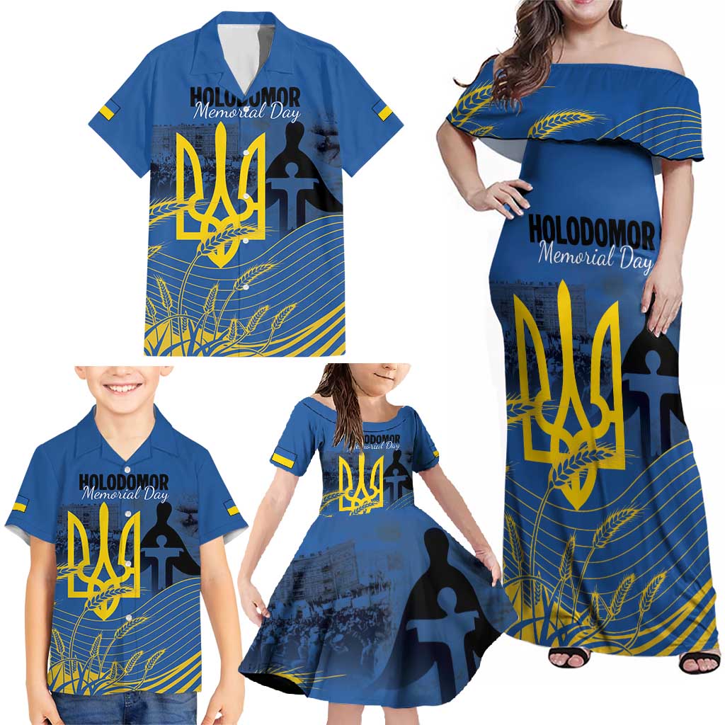 Personalized Holodomor Memorial Day Family Matching Off Shoulder Maxi Dress and Hawaiian Shirt Ukrainian Trident And Wheat Remembrance - Wonder Print Shop