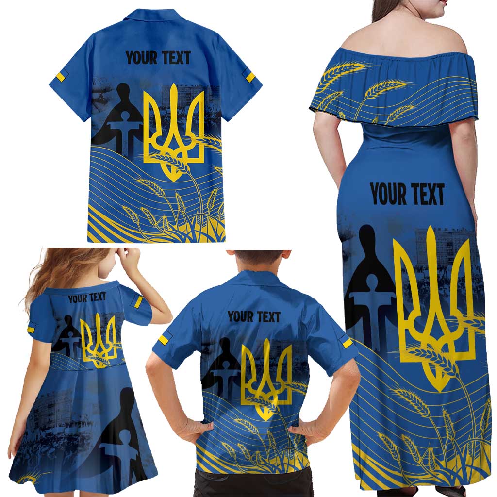 Personalized Holodomor Memorial Day Family Matching Off Shoulder Maxi Dress and Hawaiian Shirt Ukrainian Trident And Wheat Remembrance - Wonder Print Shop
