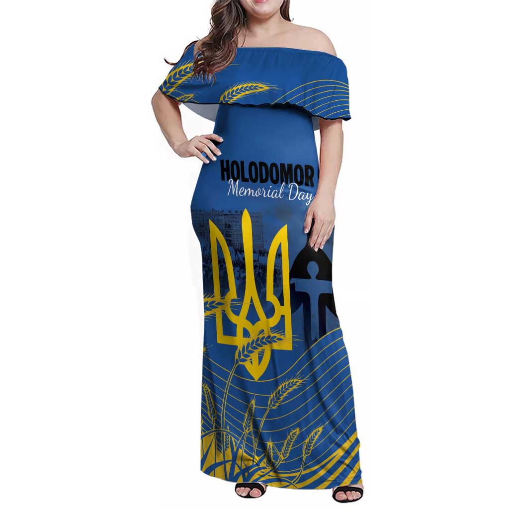 Personalized Holodomor Memorial Day Family Matching Off Shoulder Maxi Dress and Hawaiian Shirt Ukrainian Trident And Wheat Remembrance - Wonder Print Shop