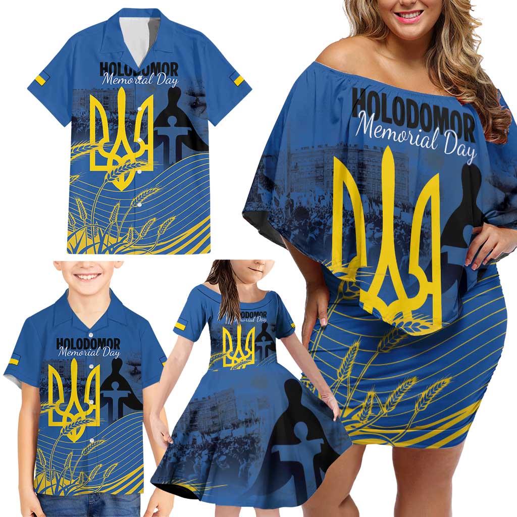 Personalized Holodomor Memorial Day Family Matching Off Shoulder Short Dress and Hawaiian Shirt Ukrainian Trident And Wheat Remembrance - Wonder Print Shop