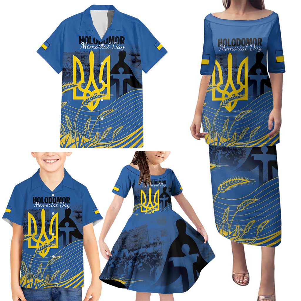 Personalized Holodomor Memorial Day Family Matching Puletasi and Hawaiian Shirt Ukrainian Trident And Wheat Remembrance - Wonder Print Shop