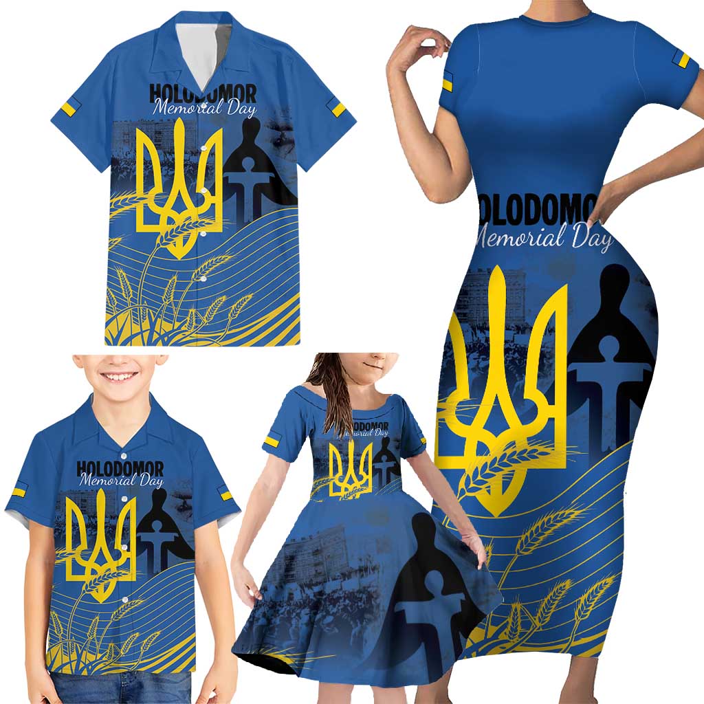 Personalized Holodomor Memorial Day Family Matching Short Sleeve Bodycon Dress and Hawaiian Shirt Ukrainian Trident And Wheat Remembrance - Wonder Print Shop