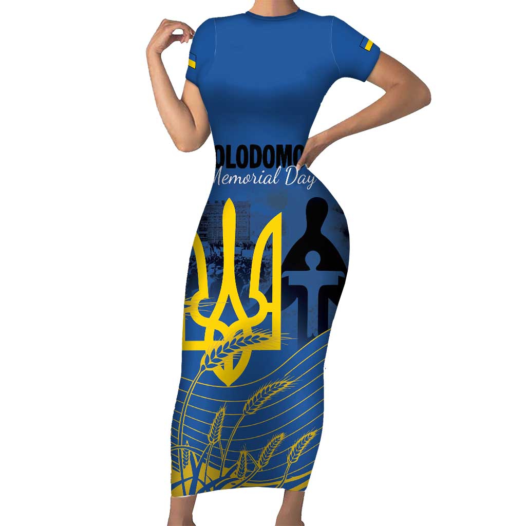Personalized Holodomor Memorial Day Family Matching Short Sleeve Bodycon Dress and Hawaiian Shirt Ukrainian Trident And Wheat Remembrance - Wonder Print Shop